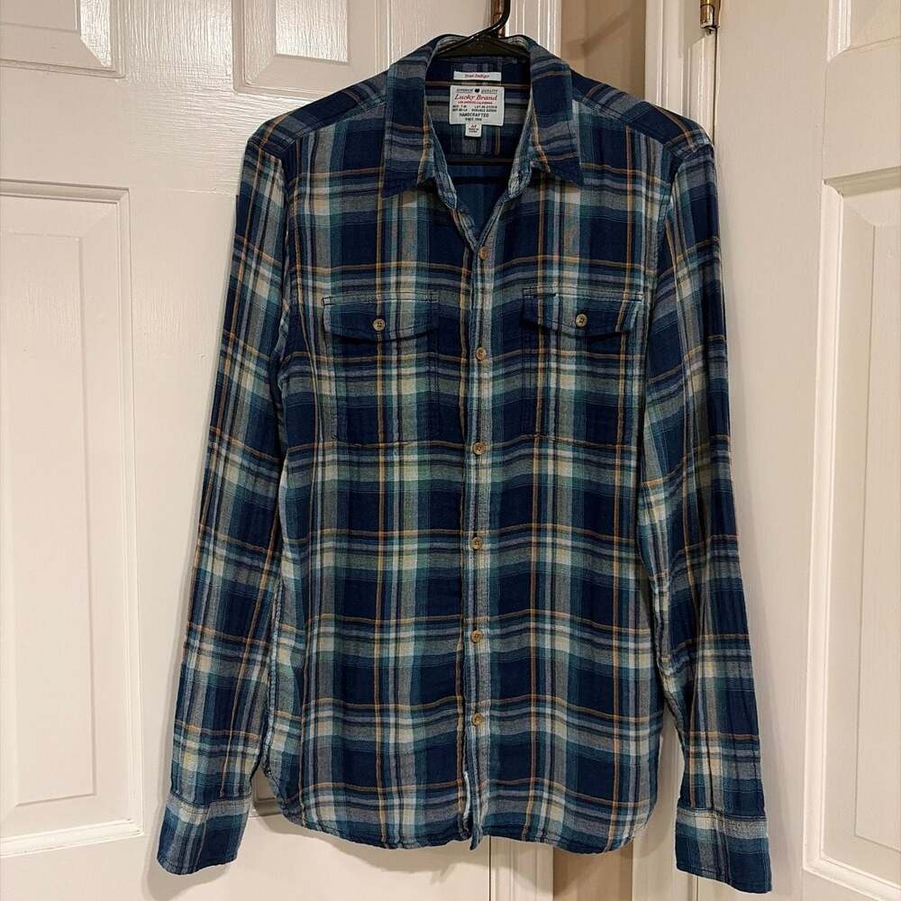 Lucky Brand True Indigo Plaid Long Sleeve Button Down Flannel Shirt Men's Medium